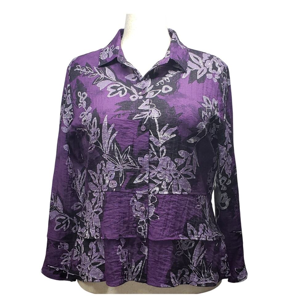 Habitat Purple Floral Peplum Blouse Womens M Long Sleeve Ruffle Boho Romantic